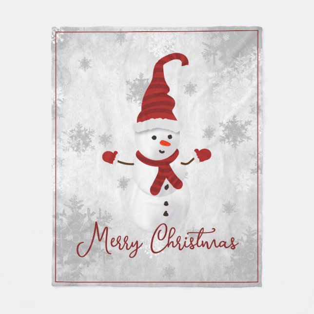 Red Cute Snowman Holiday Fleece Blanket (Front)