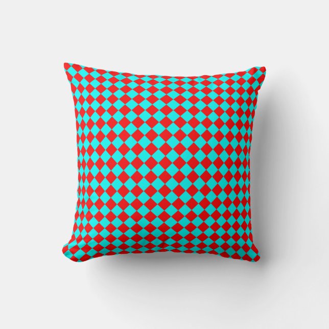 Red Cyan Chequered Diamond Pattern Cushion (Front)