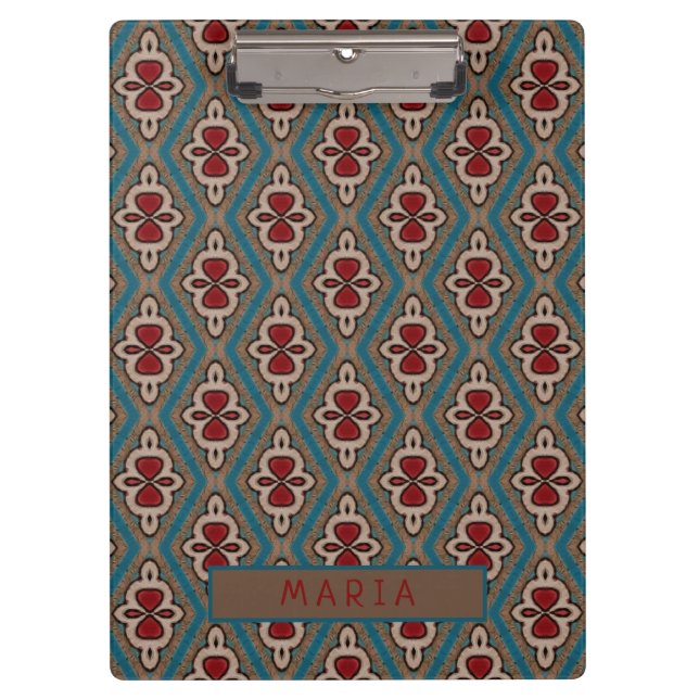 Red Cyan Copper Azulejos Tile Elegance Name Clipboard (Front)