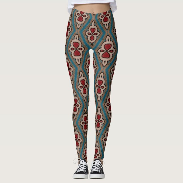 Red Cyan Copper Azulejos Tile Pattern Elegance Leggings (Front)