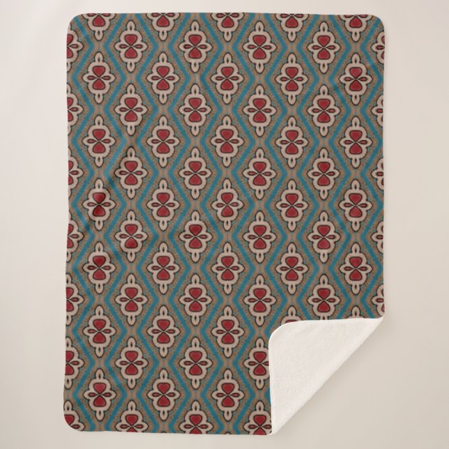 Red Cyan Copper Azulejos Tile Pattern Elegance Sherpa Blanket (Front)