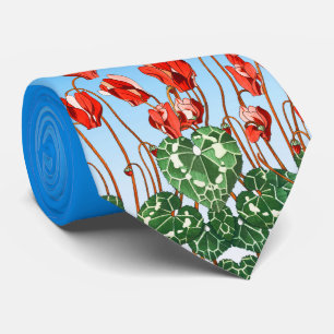 RED CYCLAMENS,GREEN LEAVES IN BLUE SKY Floral Tie
