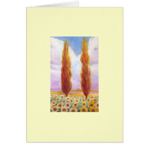 Red Cypresses in Sunflower Field