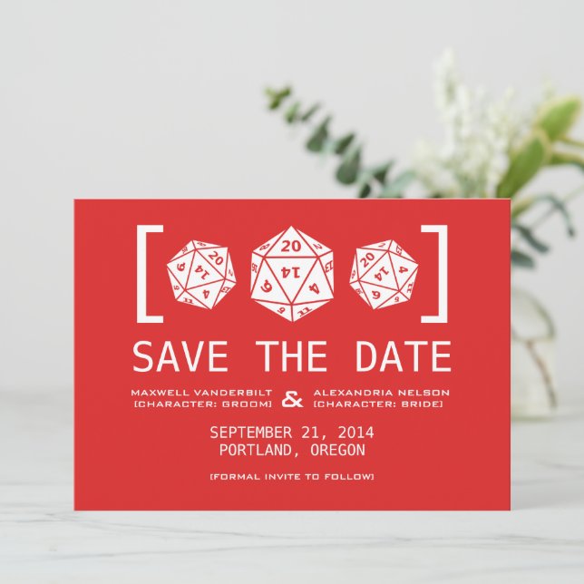 Red D20 Dice Gamer Save the Date Invite (Standing Front)