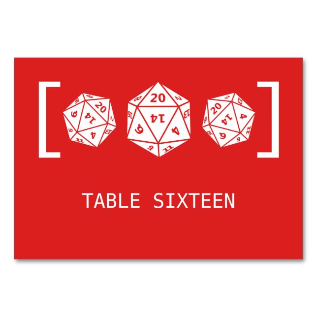 Red D20 Dice Gamer Wedding Table Card (Front)