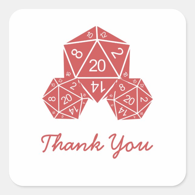 Red D20 Dice Thank You Stickers (Front)
