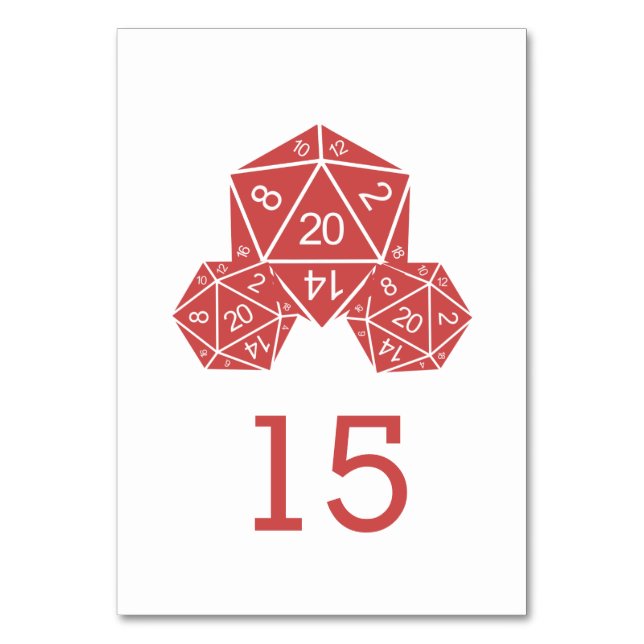 Red D20 Dice Wedding Table Card (Front)