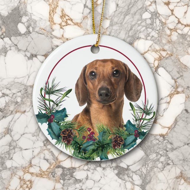 Red Dachshund Dog Evergreen Wreath Ceramic Ornament (Creator Uploaded)