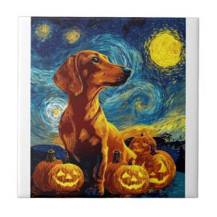 Red Dachshund of van gogh starry night halloween F Ceramic Tile