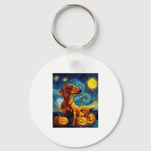 Red Dachshund of van gogh starry night halloween F Key Ring