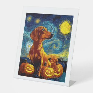 Red Dachshund of van gogh starry night halloween F Pedestal Sign