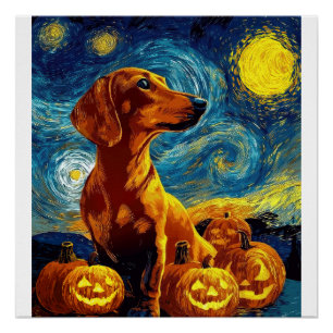 Red Dachshund of van gogh starry night halloween F Poster