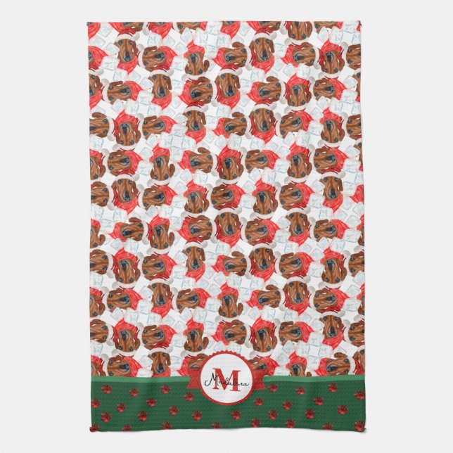 Red Dachshund Pattern Monogram Christmas Dog Tea Towel (Vertical)