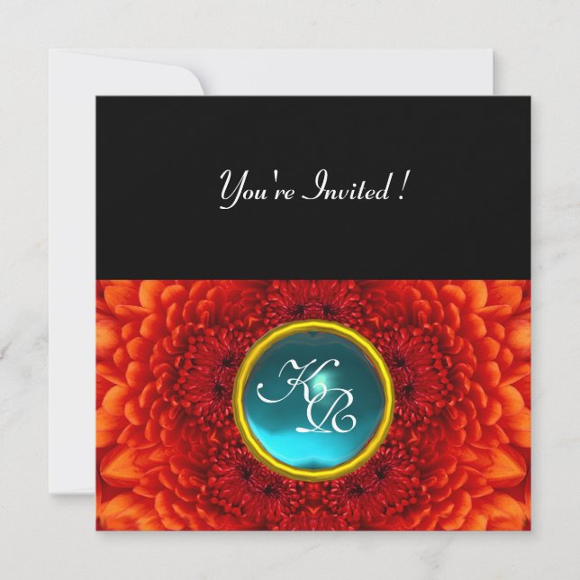 RED DAHLIA, AQUAMARINE ,bright blue black yellow Invitation (Front)