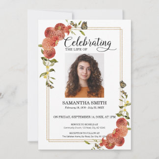 Red Dahlia Butterflies Celebration of Life Photo Invitation