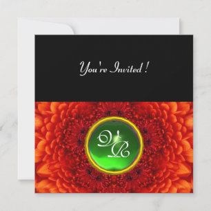 RED DAHLIA,EMERALD,bright green black yellow Invitation