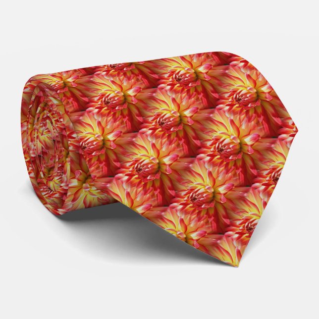 Red Dahlia Flower Pattern Nature Tie (Rolled)