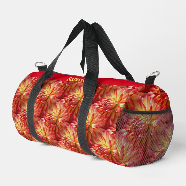 Red Dahlia Flower Pattern Personalised Duffle Bag (Right Corner)
