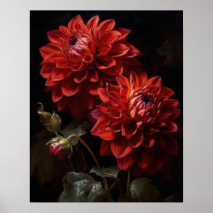 Red Dahlia Flowers Art Print Poster