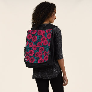 Red Dahlia garden/blue leaves Backpack
