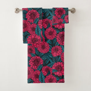 Red Dahlia garden/blue leaves Bath Towel Set