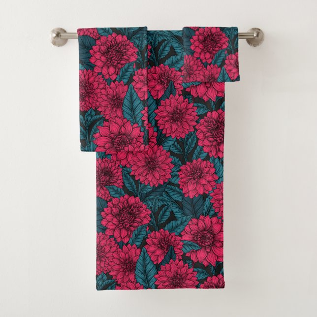 Red Dahlia garden/blue leaves Bath Towel Set (Insitu)
