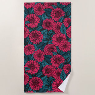 Red Dahlia garden/blue leaves Beach Towel