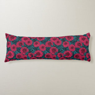 Red Dahlia garden/blue leaves Body Cushion