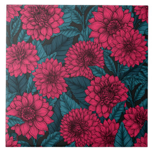 Red Dahlia garden/blue leaves Ceramic Tile