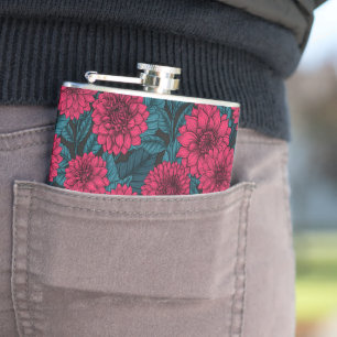 Red Dahlia garden/blue leaves Hip Flask