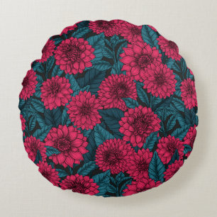 Red Dahlia garden/blue leaves Round Cushion
