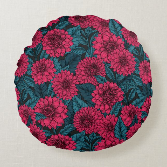 Red Dahlia garden/blue leaves Round Cushion (Front)