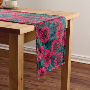 Red Dahlia garden/blue leaves Short Table Runner