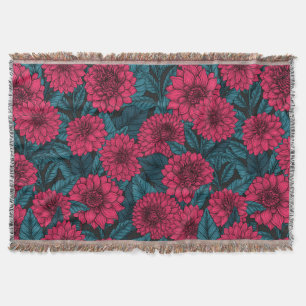 Red Dahlia garden/blue leaves Throw Blanket