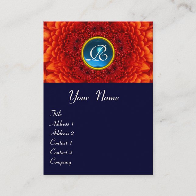 RED  DAHLIA  MONOGRAM, SAPPHIRE blue  yellow Business Card (Front)
