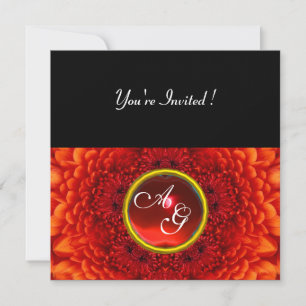 RED DAHLIA, RUBY monogram ,bright  black Invitation