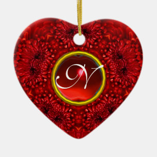 RED DAHLIA  RUBY MONOGRAM Heart Ceramic Tree Decoration