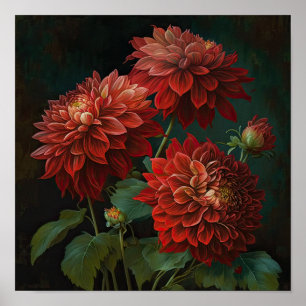 Red Dahlias Flower Art Print Poster