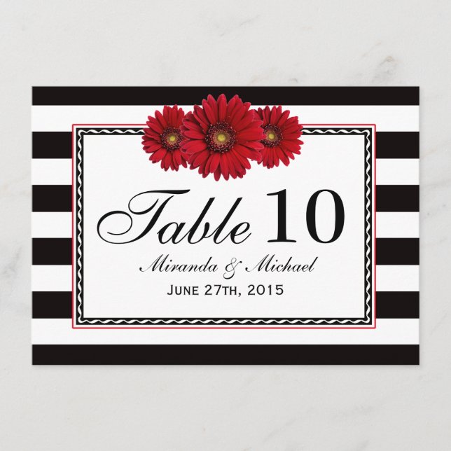 Red Daisies and Stripes Wedding Table Cards (Front)