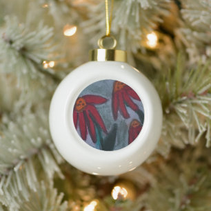Red Daisies Ceramic Ball Christmas Ornament
