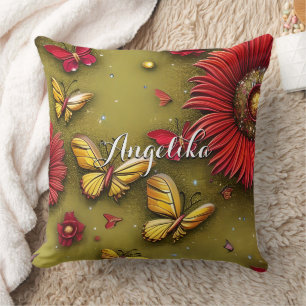Red Daisies Gold Butterflies Personalised Name Cushion