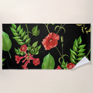 Red Daisies With Leaves Pattern Beach Towel