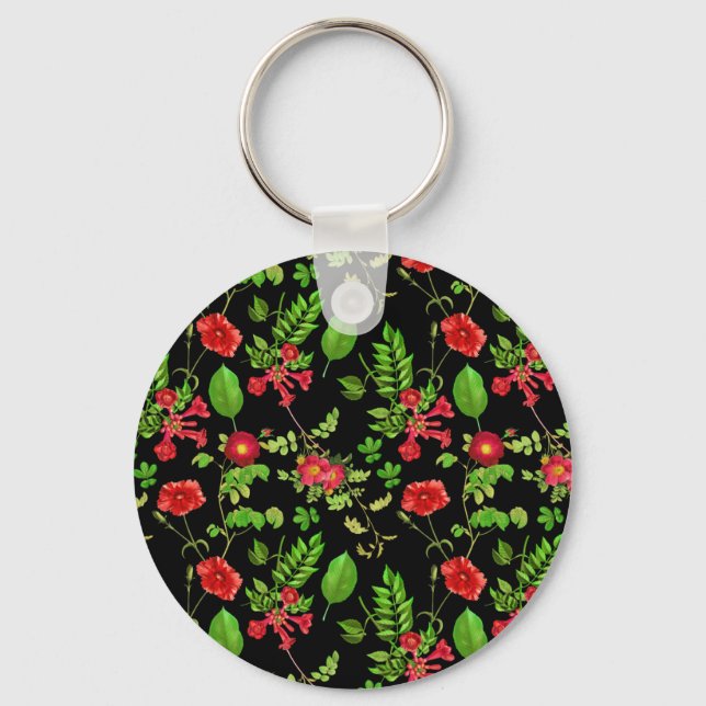 Red Daisies With Leaves Pattern Key Ring (Front)