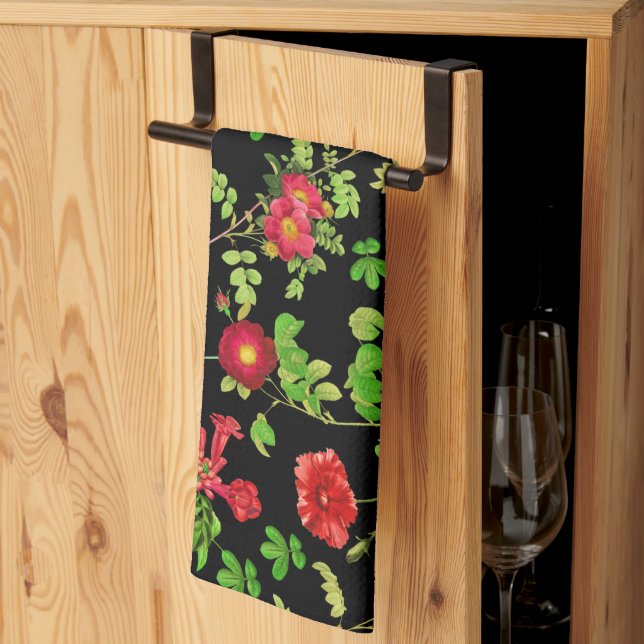 Red Daisies With Leaves Pattern Tea Towel (Thirds Fold)