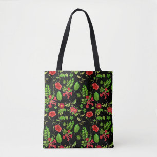 Red Daisies With Leaves Pattern Tote Bag