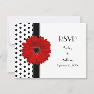Red Daisy Black White Polka Dot Wedding RSVP Card