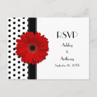 Red Daisy Black White Polka Dot Wedding RSVP