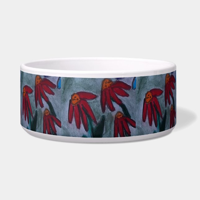 Red Daisy Ceramic Pet Bowl (Front)