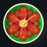Red Daisy Flower on Green Beautiful Wall Clock<br><div class="desc">This pretty floral clock has an original stylised flower on it, in a daisy style and coloured shades of red. The yellow-orange clock numbers mark the time on the twelve petals. The background is done in an abstract mottled green, resembling grass. This is a bright, bold clock for a gardener...</div>