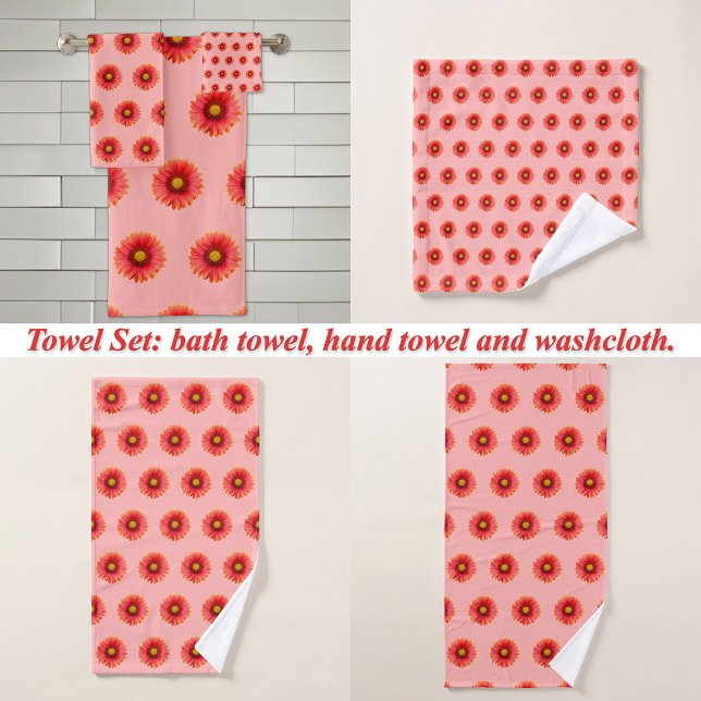 Red Daisy Flower Seamless Pattern on Bath Towel Set (Red Daisy flower seamless pattern on bath towel set: wash cloth, hand towel and bath towel)